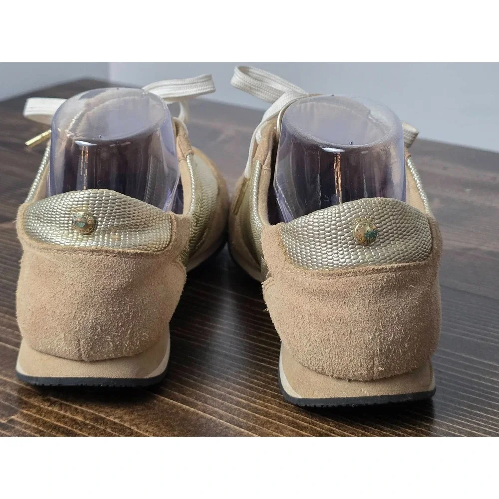 Michael Kors Stanton Womens Sneakers Size 7.5 Tan Brown Gold Leather Suede Shoes